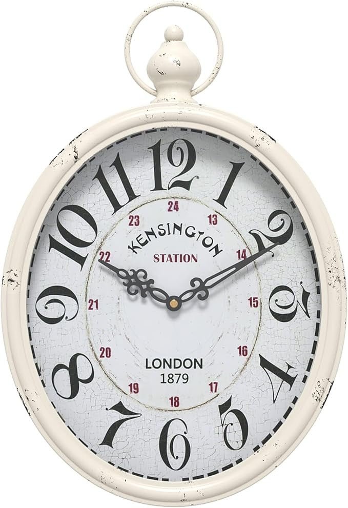Large Vintage Oval Wall Clock 39cm White Antique Silent Rustic Farmhouse Decor