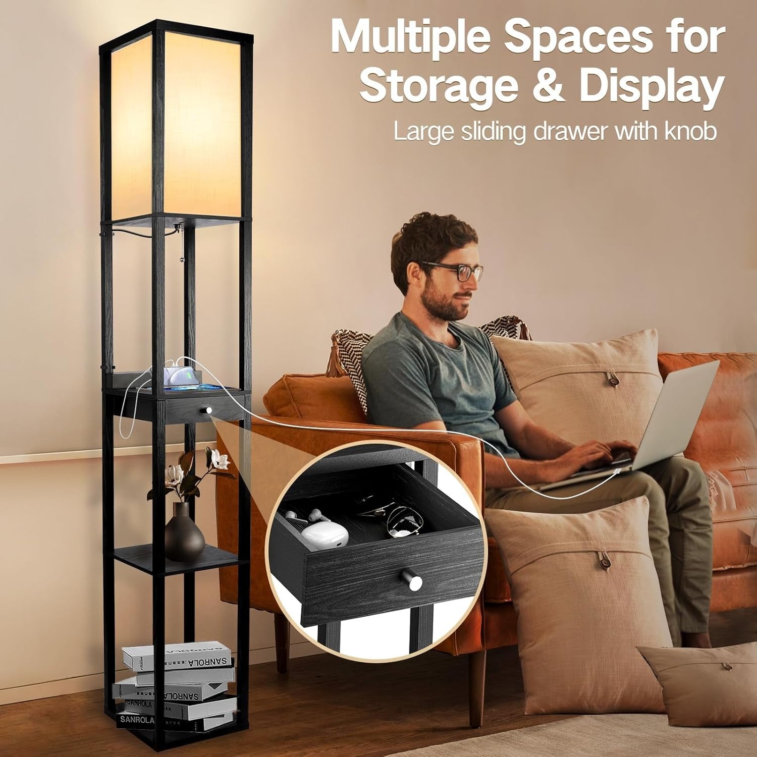 Floor Lamp with Shelves Drawer USB C LED Wooden Standing Storage