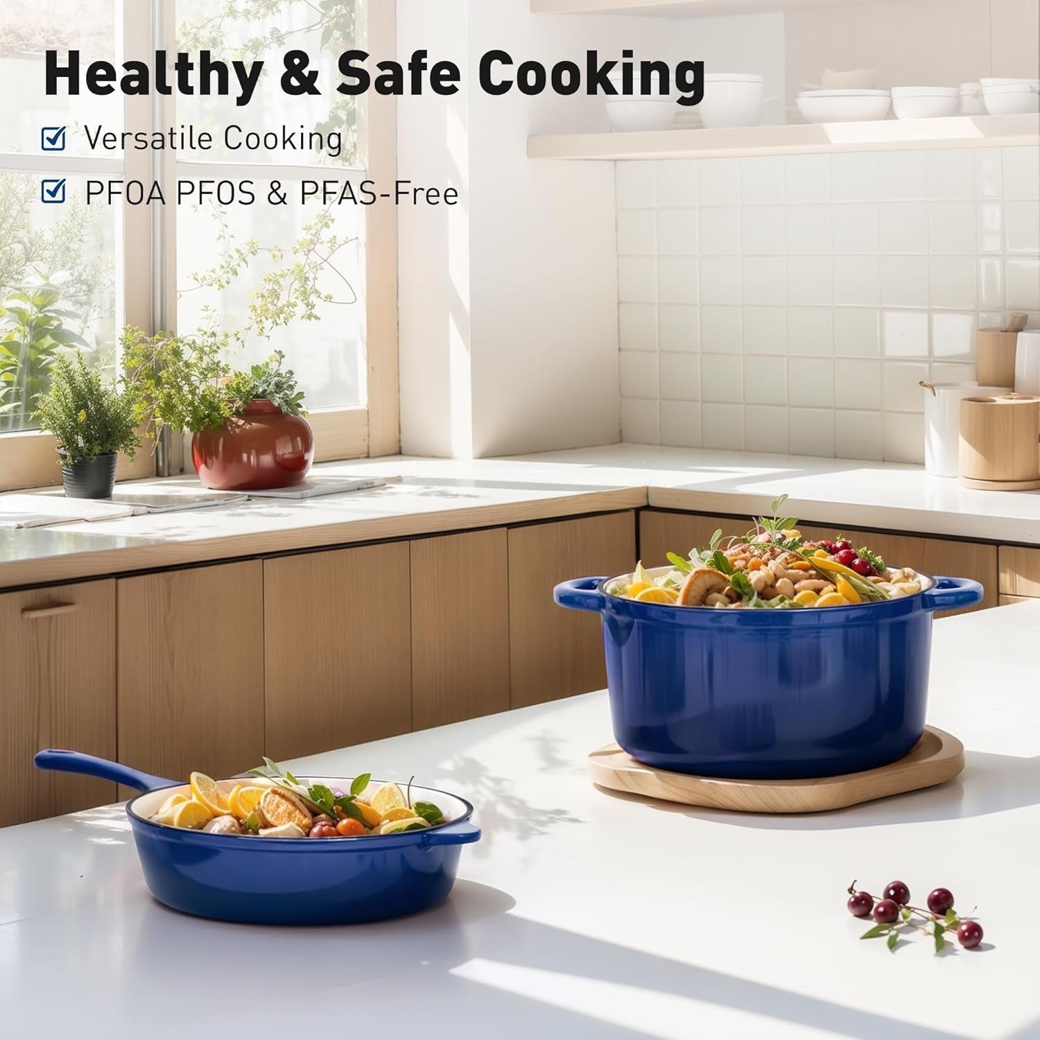 7Pcs Blue Enamelled Cast Iron Cookware Set Non Stick Dutch Oven with Lids