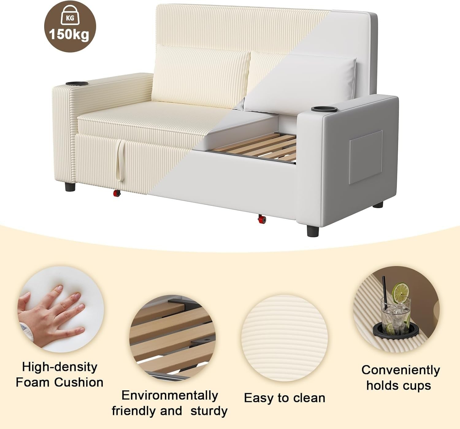 2 Seater Pull Out Sofa Bed with Storage Beige Sleeper Couch for Small Rooms
