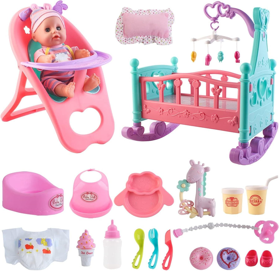 My First Baby Doll Playset w Crib High Chair Feeding Accessories