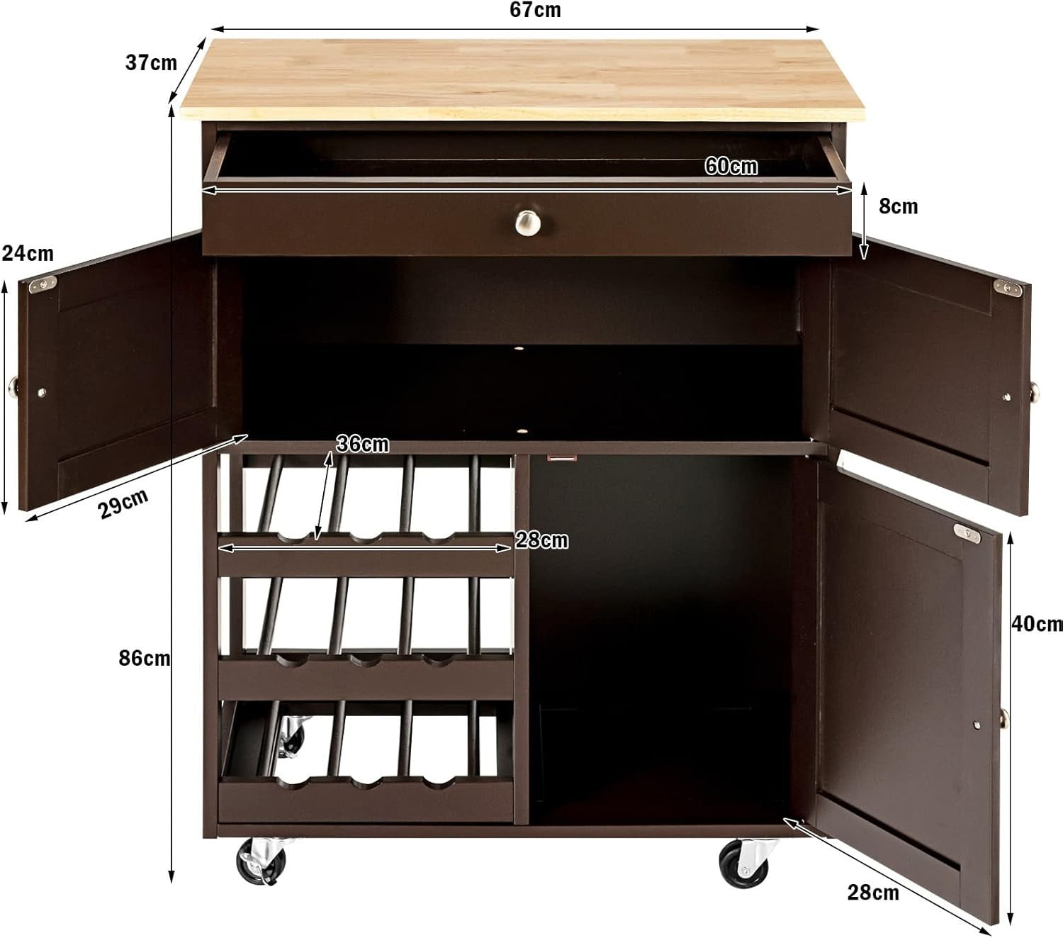 Rolling Kitchen Serving Trolley Cart with Drawer, Wine Rack & Cabinets, Brown