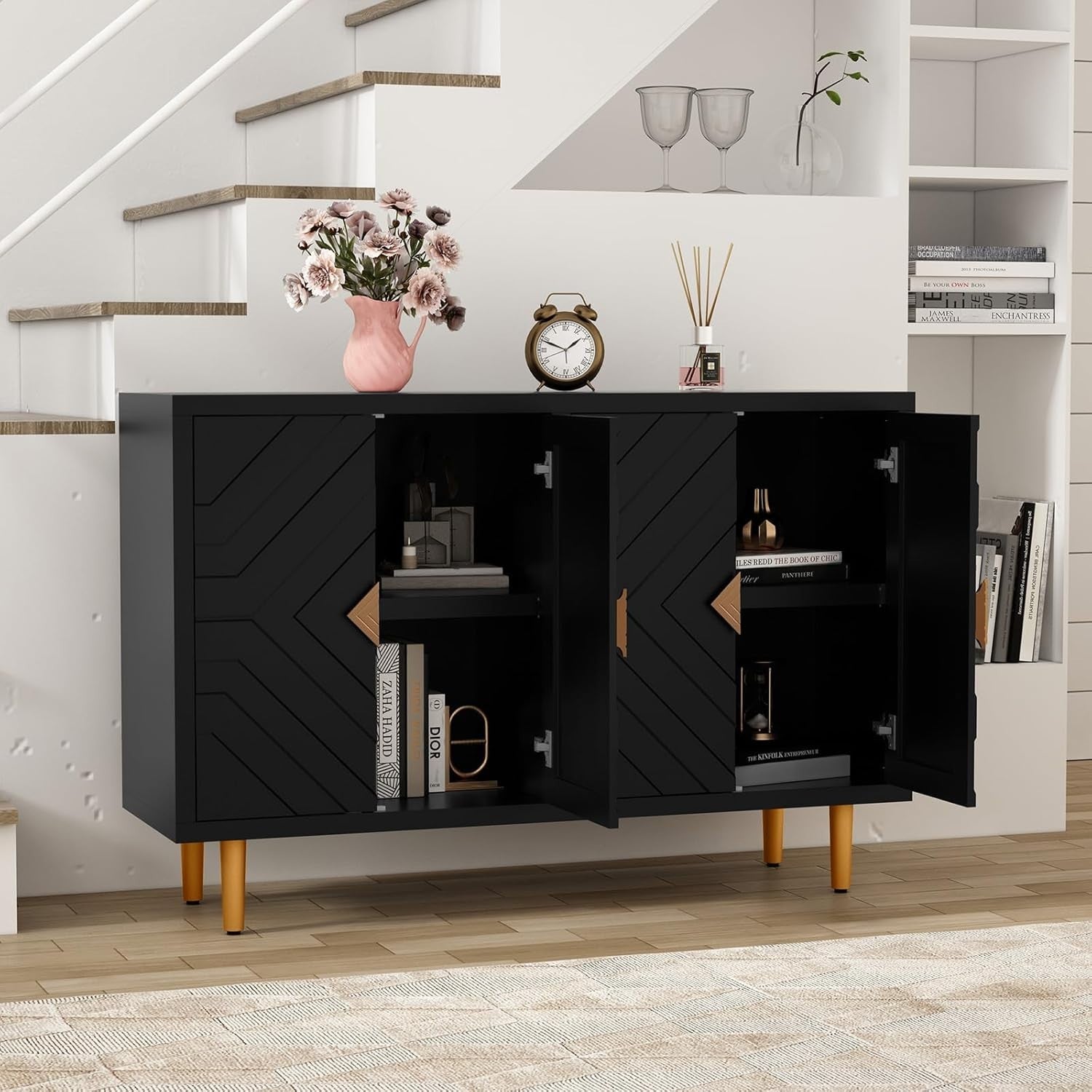 Black Modern Sideboard Cabinet 4 Doors Waterproof Storage Buffet Table