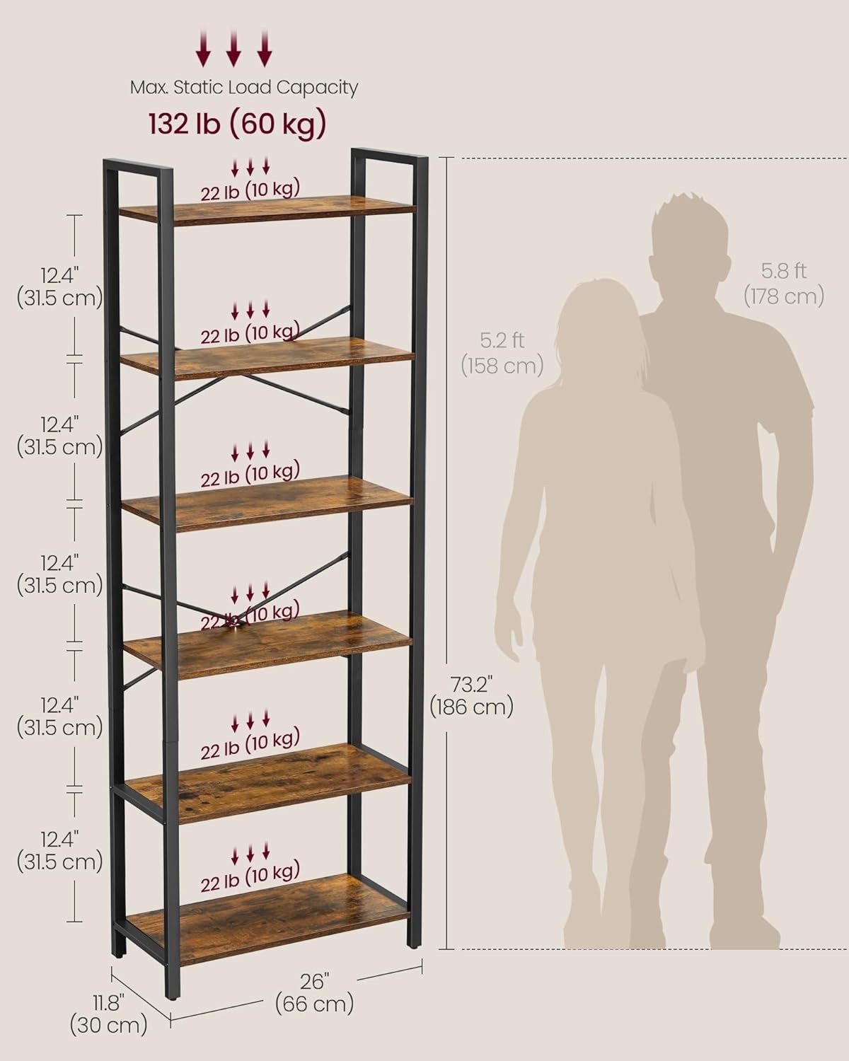 6-Tier Industrial Bookshelf Rustic Brown 186cm Tall Sturdy Storage Unit