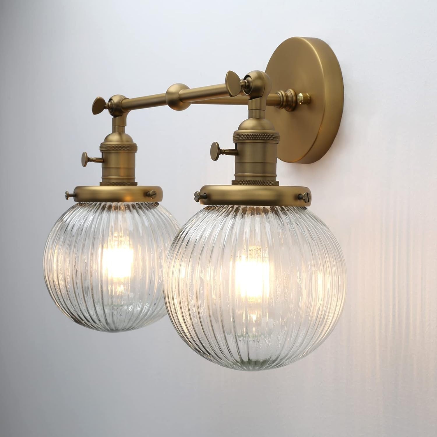 Modern 2-Light Glass Wall Sconce with Ribbed Shades | Dimmable Bedroom