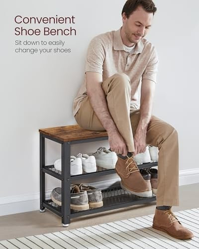 Industrial 2-Shelf Shoe Bench with Metal Frame | Entryway Storage Rack