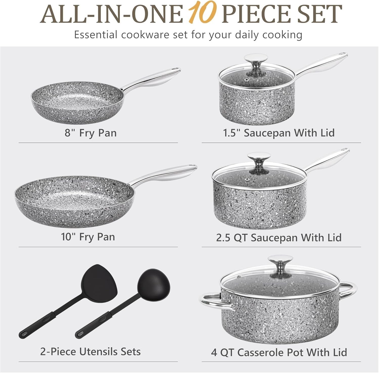 10Pcs Grey Granite Non Stick Cookware Set with Lids Induction Safe Pots & Pans