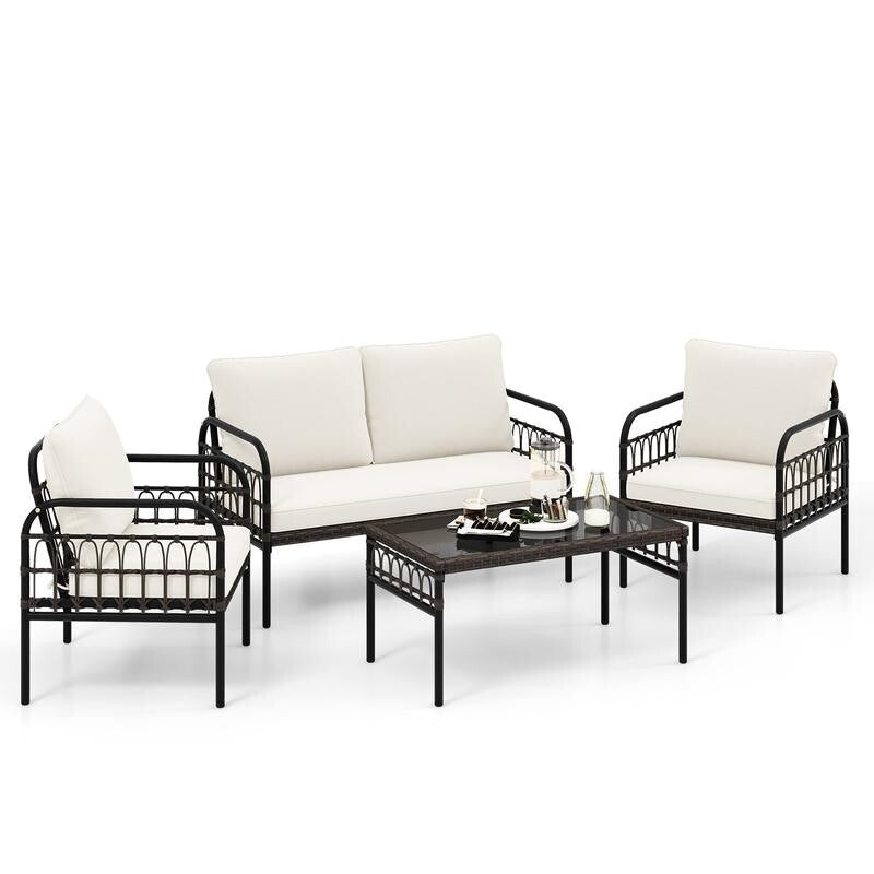 4 Piece Rattan Garden Furniture Set w/ Cushions & Glass Table Patio Seating Set