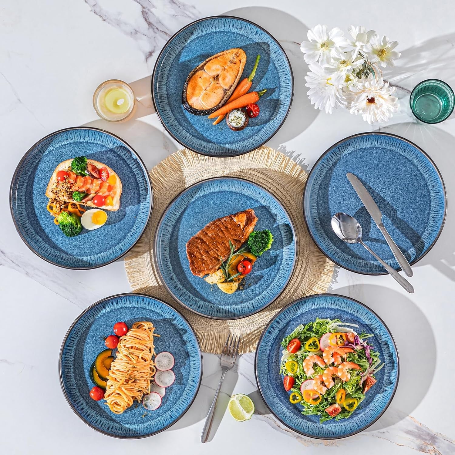 10.25in Blue Ceramic Dinner Plates Set of 6 Scratch Resistant Modern