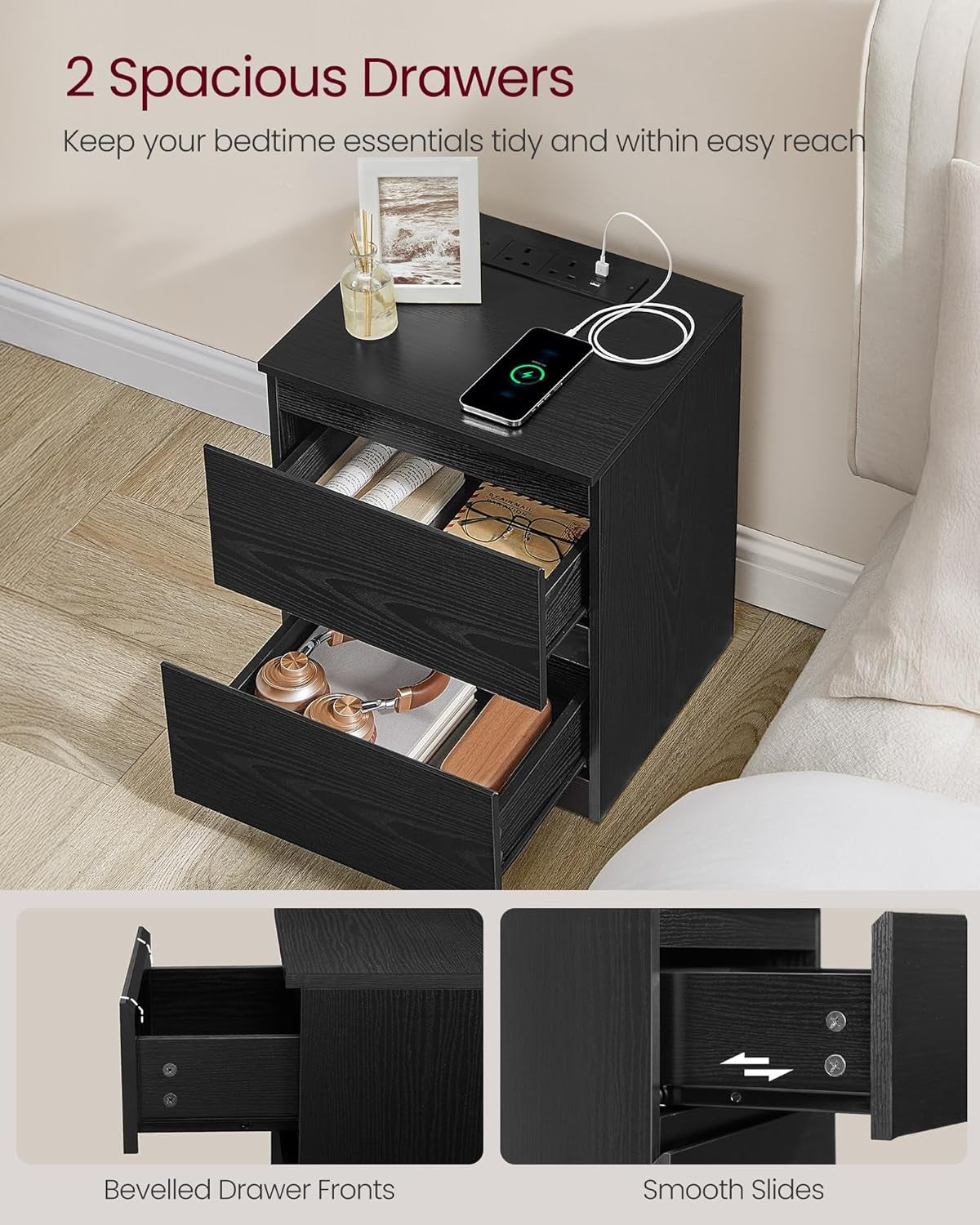 Black Bedside Tables Set of 2 with Charging Ports, 3 Drawers, Modern Storage