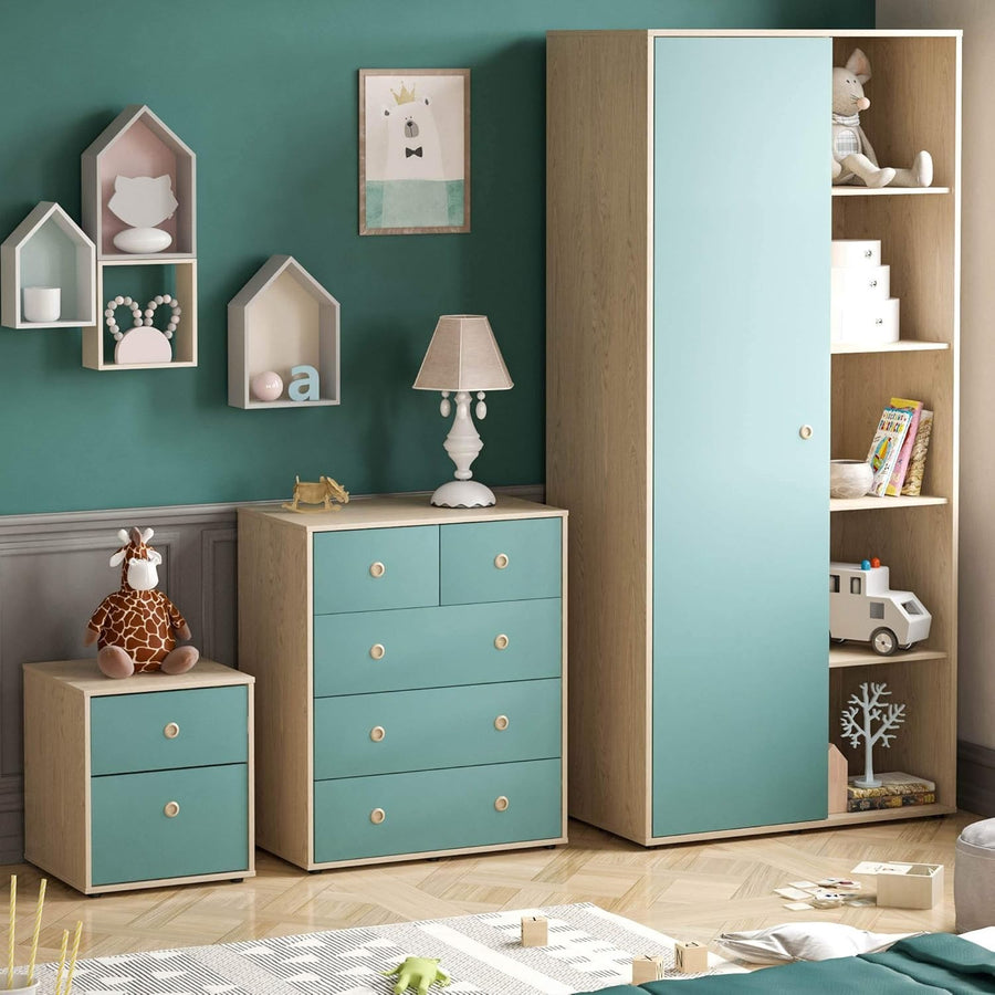 3 Piece Kids Bedroom Furniture Set – Wardrobe, Chest, Bedside Table Blue Oak