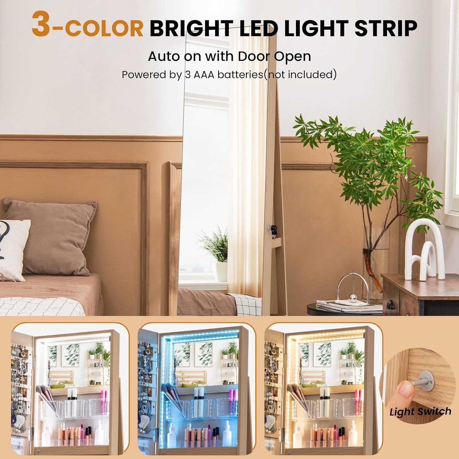 Natural 360° Swivel LED Jewelry Cabinet Mirror Lockable 3-Color Storage