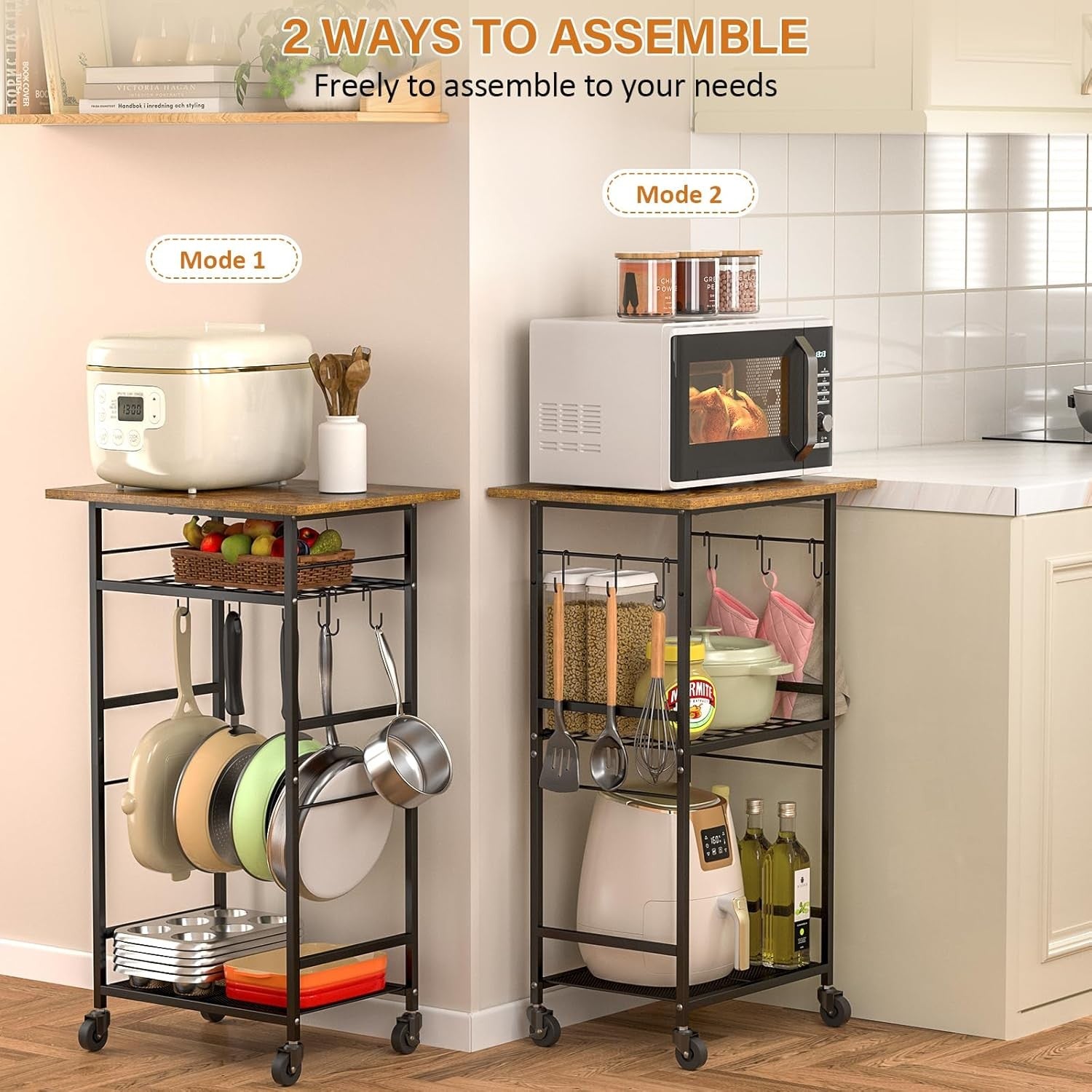 Rolling Microwave Cart 3 Tier Kitchen Storage Trolley Adjustable Shelf Wheels