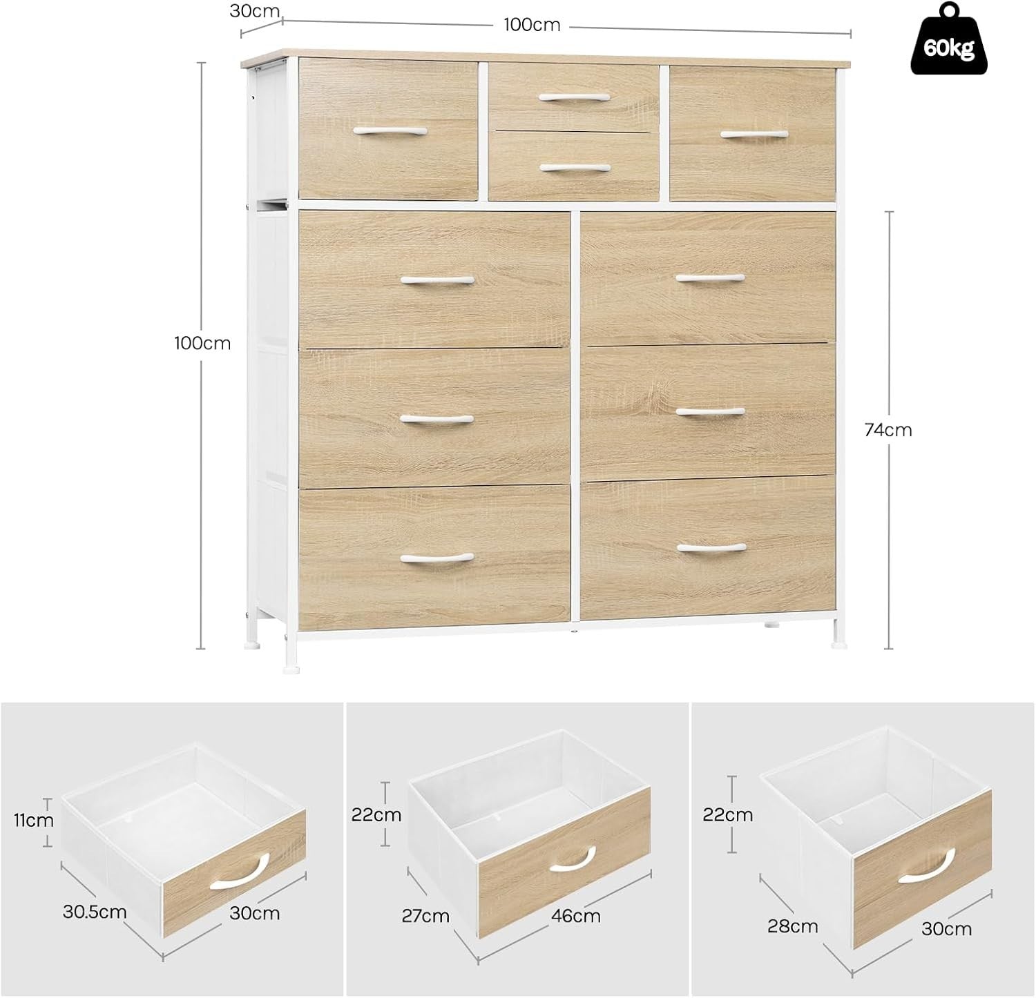 Tall Chest of Drawers 10 Fabric Storage Unit Light Oak White Metal Frame