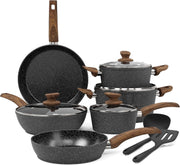 12pcs Black Granite Induction Cookware Set Non Stick Pans Pots with Glass Lids