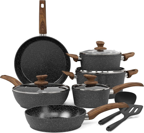 12pcs Black Granite Induction Cookware Set Non Stick Pans Pots with Glass Lids