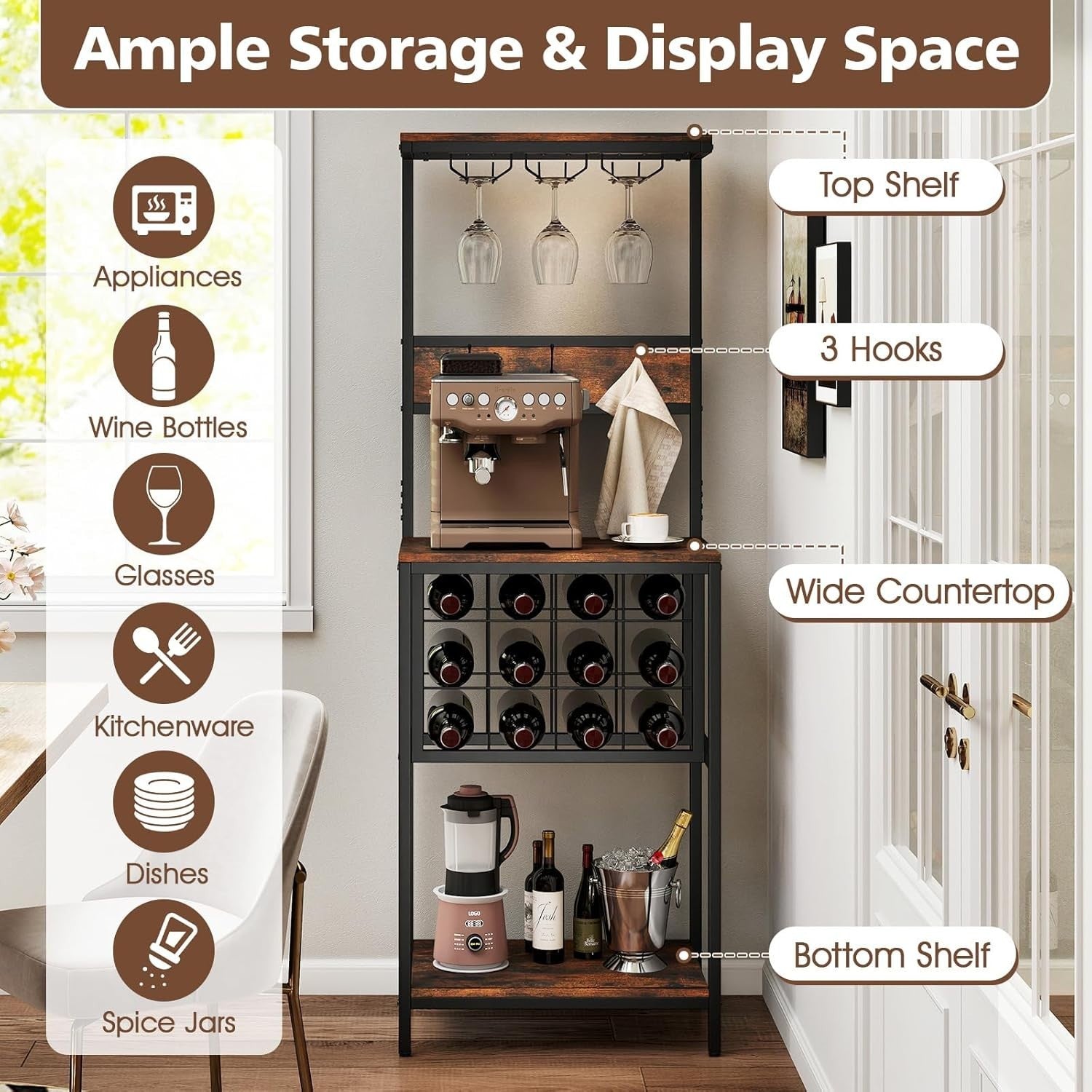 Freestanding Wine Rack Bar Cabinet with Glass Holder & Storage Shelves