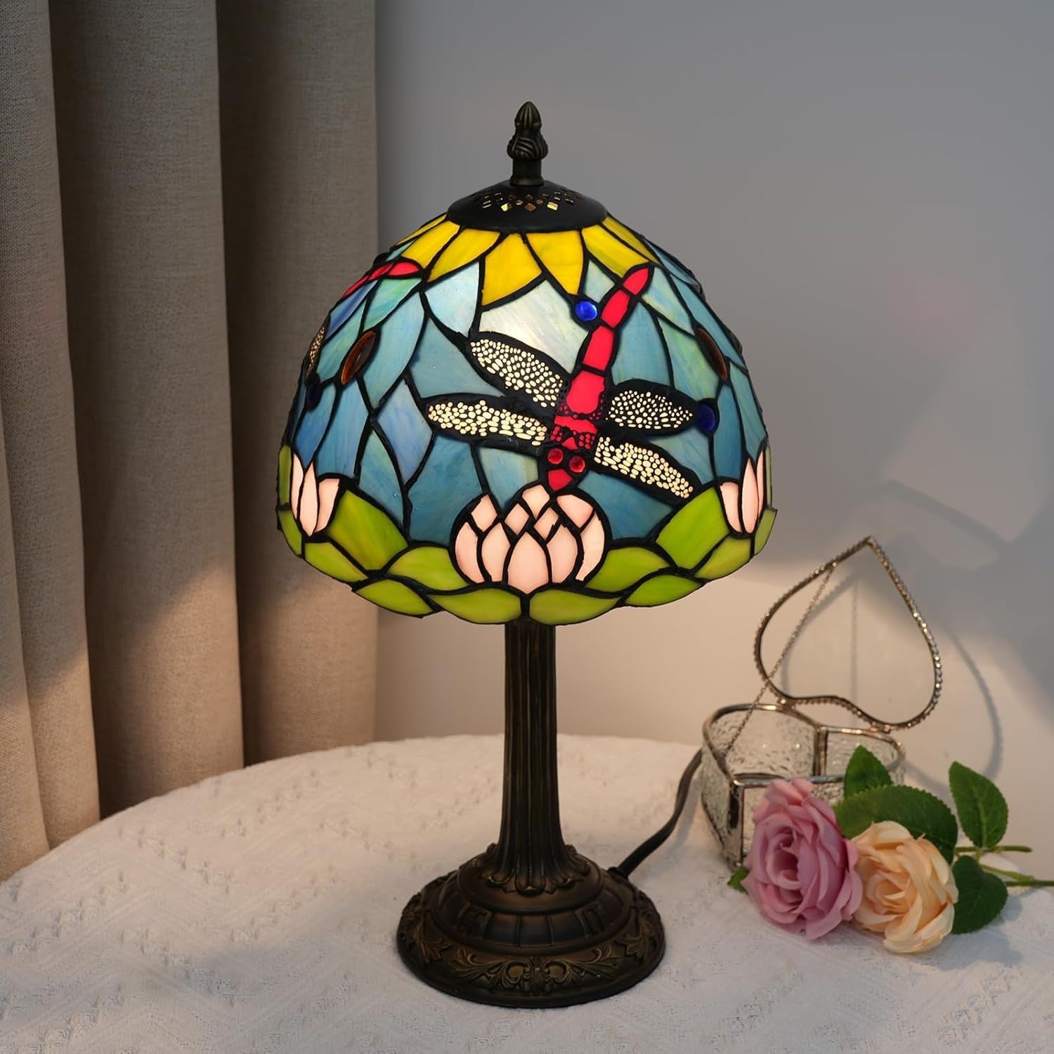 Tiffany Style Stained Glass Table Lamp Dragonfly Lotus Flower Decor