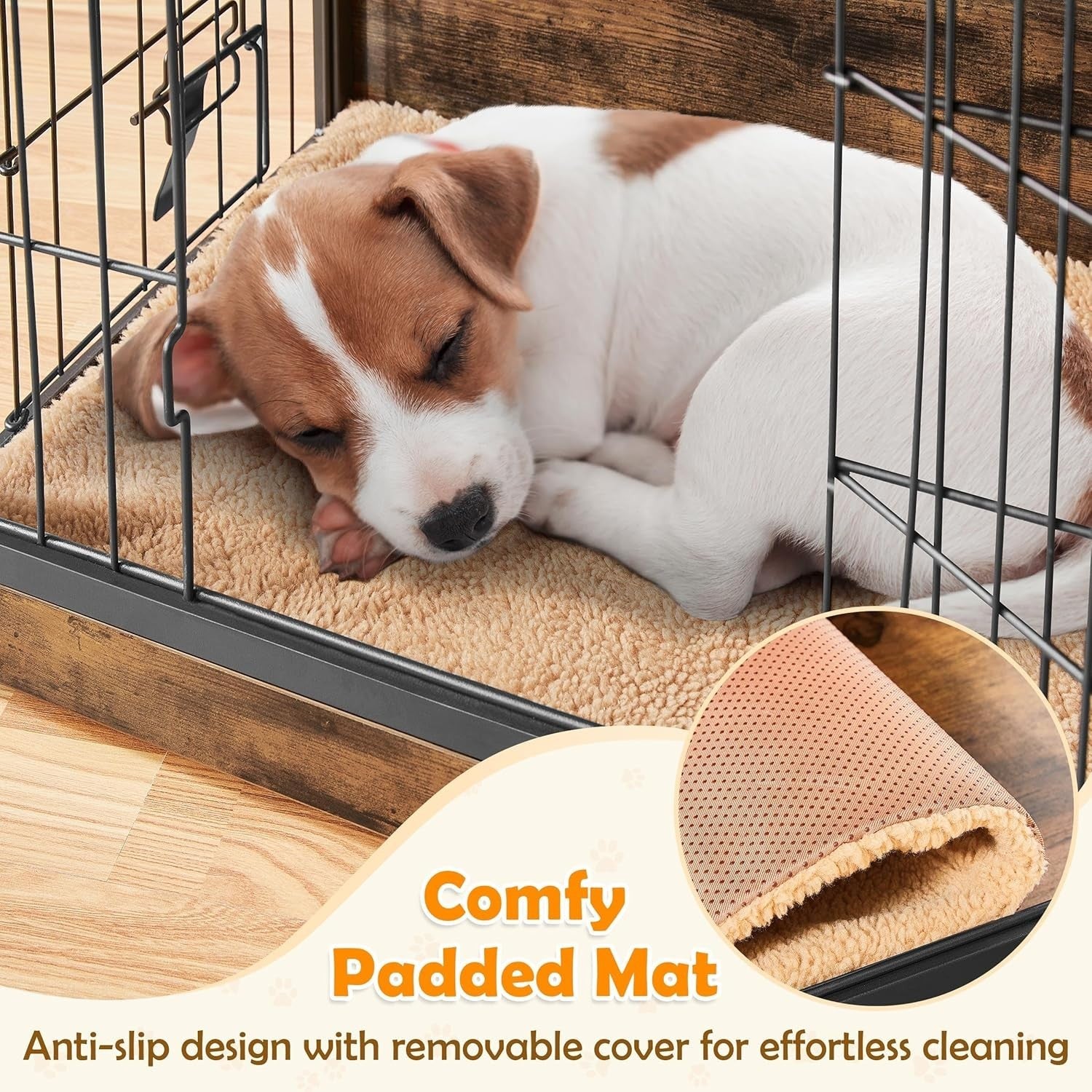 Rustic Brown Small Dog Crate Furniture with Cushion & Double Doors 69x51x61cm