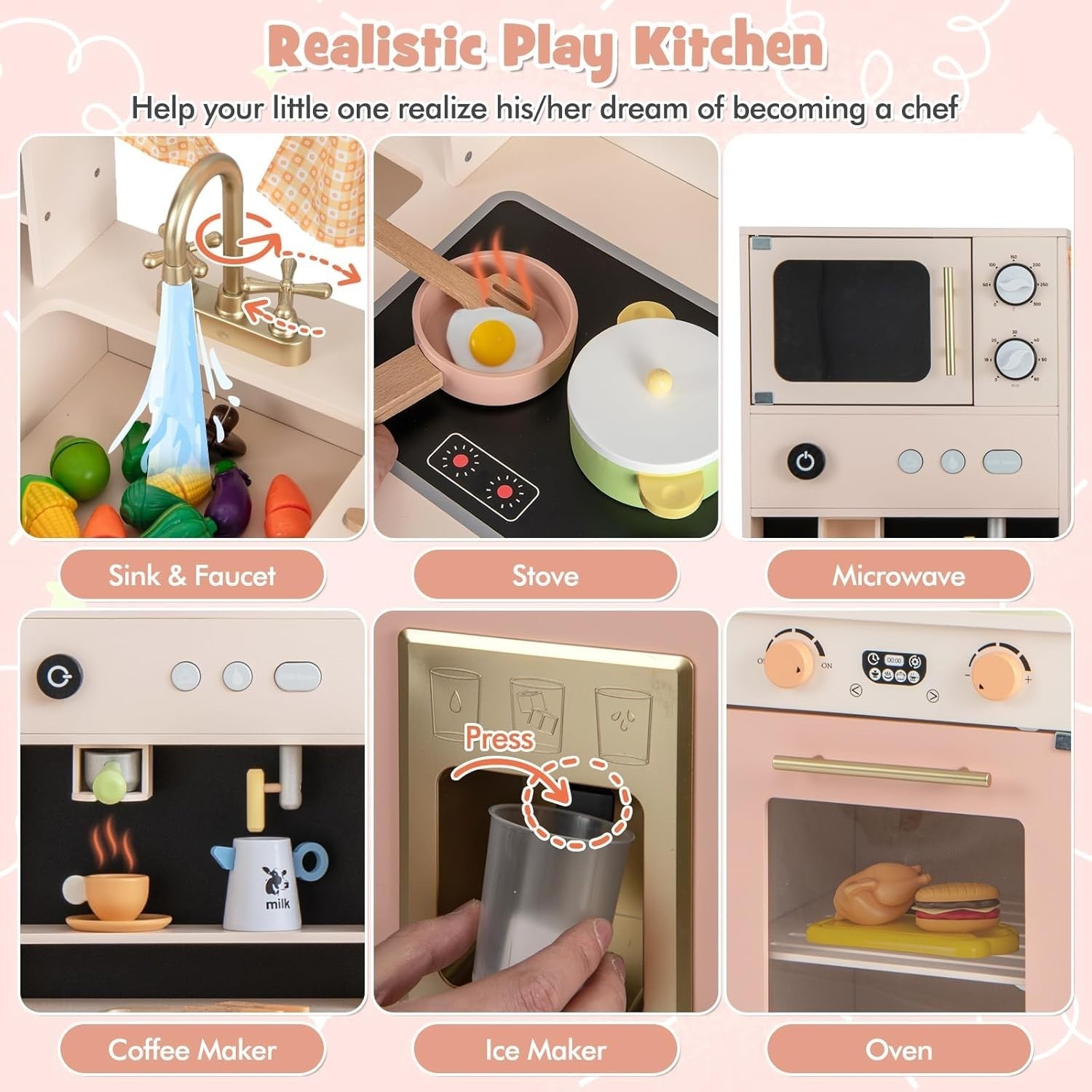 Retro Pink Wooden Play Kitchen Ice Maker Coffee Station Toy Set