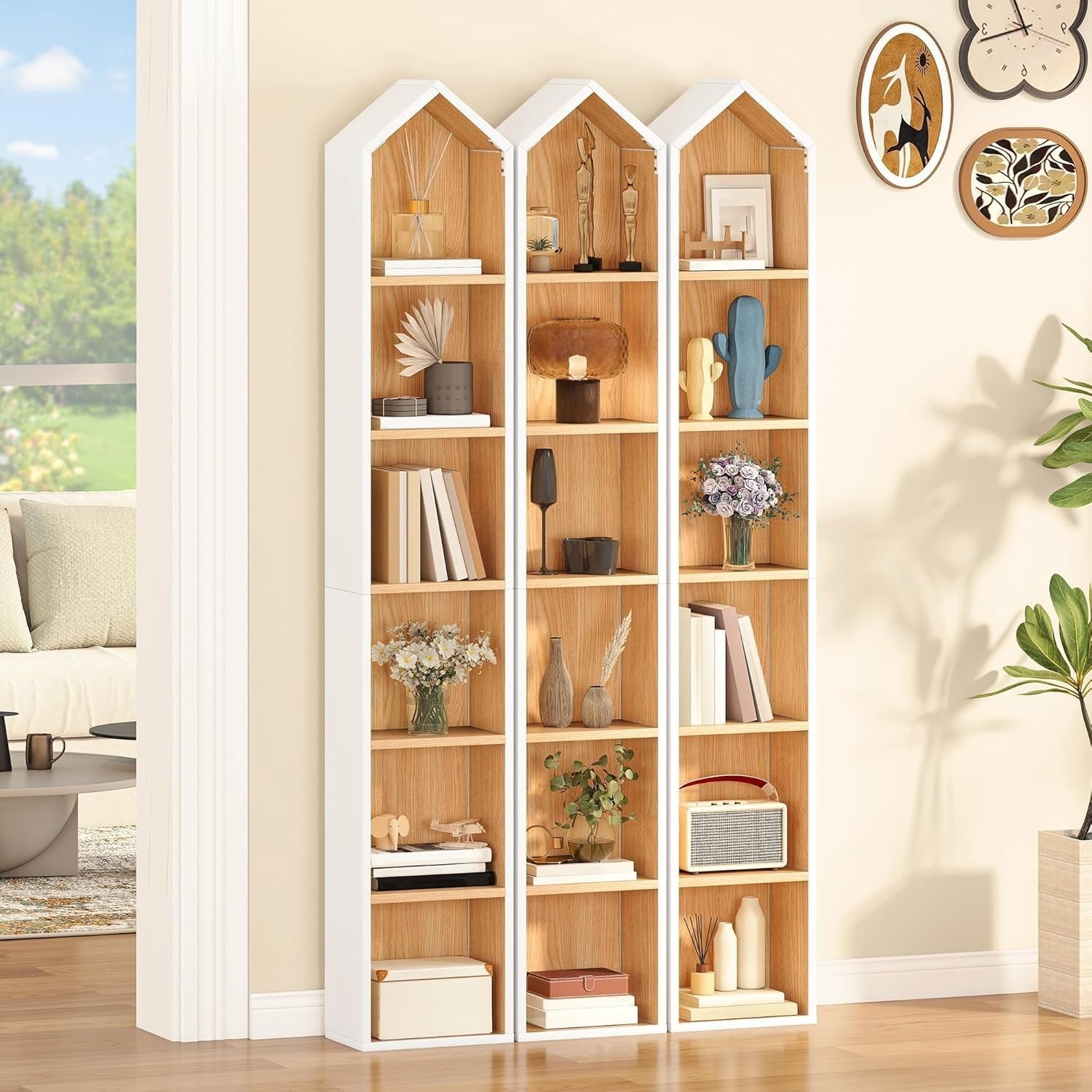 Tall Slim 6-Tier White Oak Bookcase – Space Saving Shelf Unit 181cm High