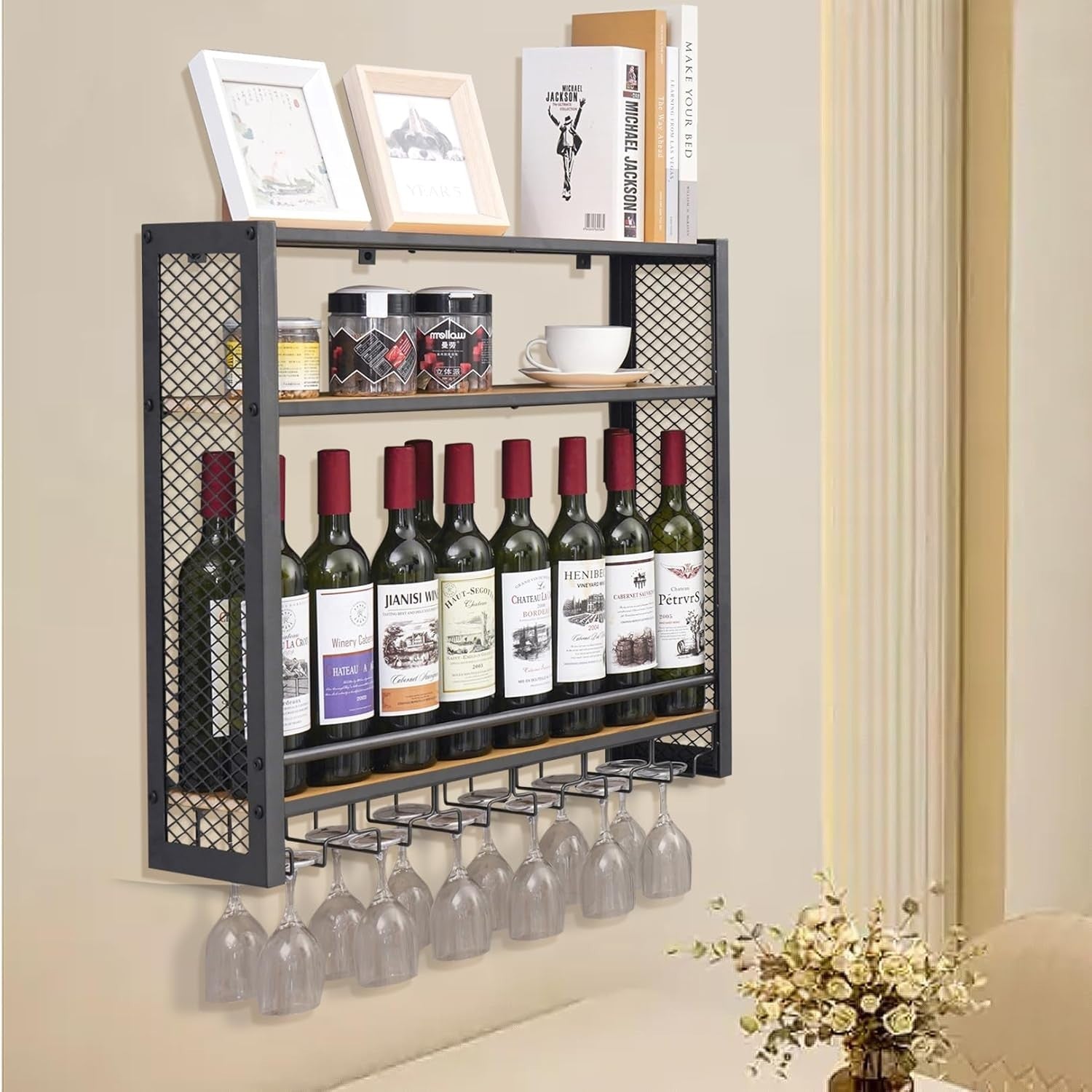 Wall Mounted Wine Rack 3 Tier Metal Shelf with Glass Holder Space Saving Storage