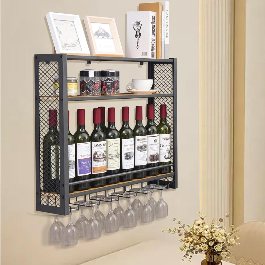 Wall Mounted Wine Rack 3 Tier Metal Shelf with Glass Holder Space Saving Storage