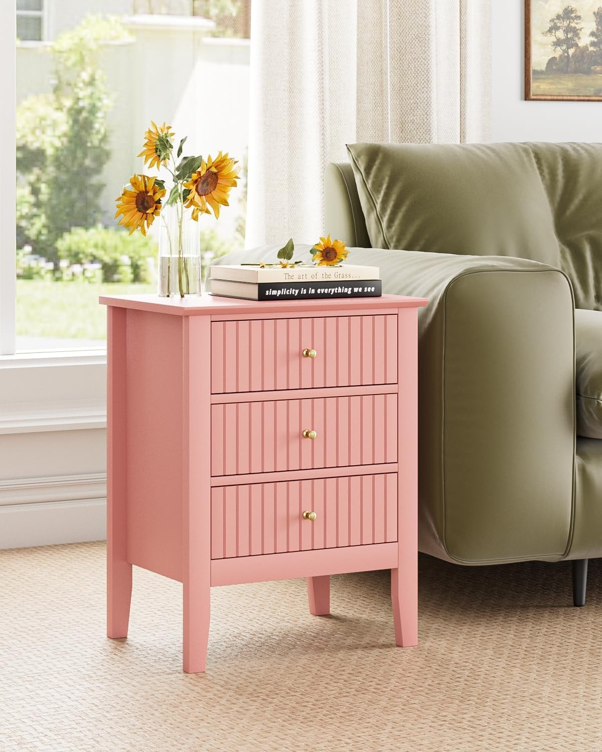 Modern Pink Bedside Table with 3 Drawers Wooden Nightstand Bedroom Storage