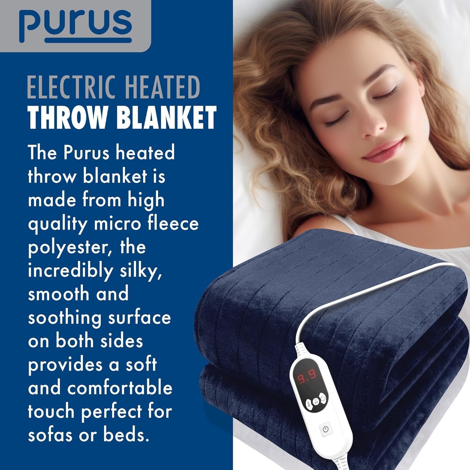 Electric Heated Throw Blanket XL 9 Heat Settings Timer Washable Navy