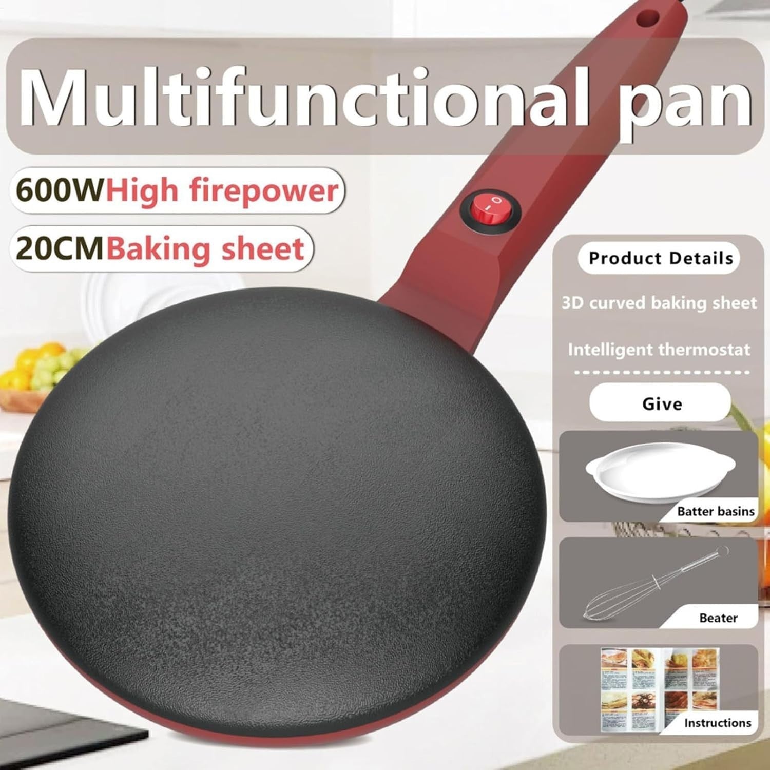 8" Electric Crepe Maker Non-Stick Pancake Pan Long Handle Auto Temp Control Red
