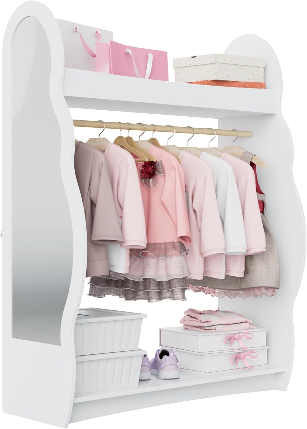 Kids Wardrobe with Mirror & Hanging Rail, No Drawers, White Cloud Design