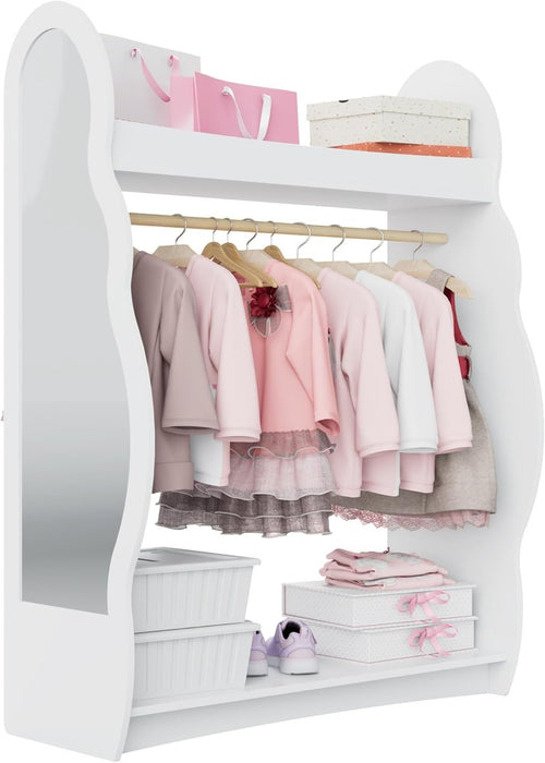 Kids Wardrobe with Mirror & Hanging Rail, No Drawers, White Cloud Design