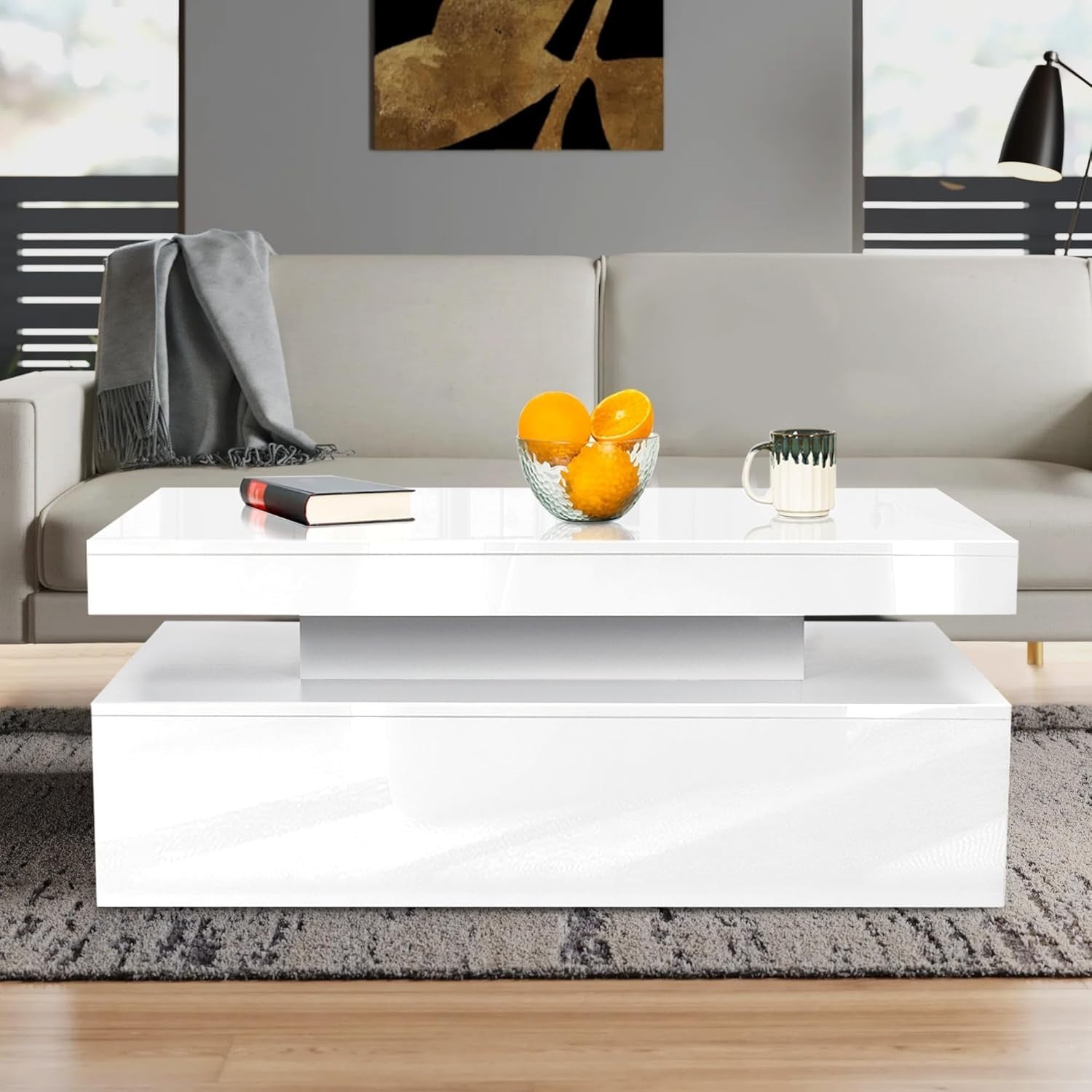 White High Gloss LED Coffee Table with Storage Drawers | 94cm RGB Lights