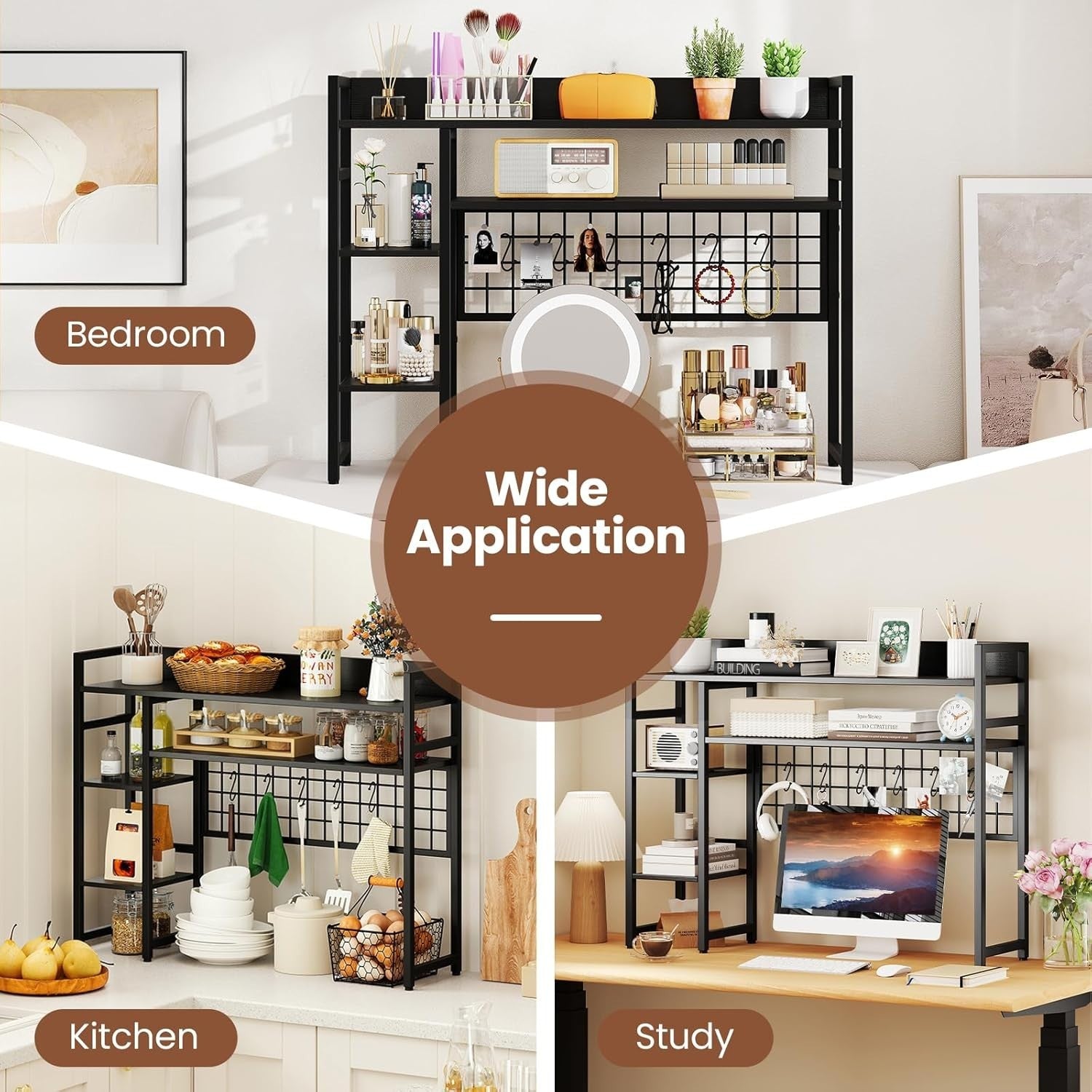 Desktop Bookshelf Hutch 4-Tier Monitor Shelf Storage Rack Grid Panel Hooks Black