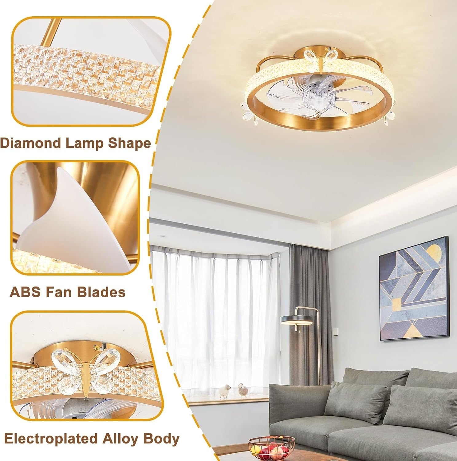 19" Gold Caged Ceiling Fan with Light, Crystal, Remote, 6-Speed