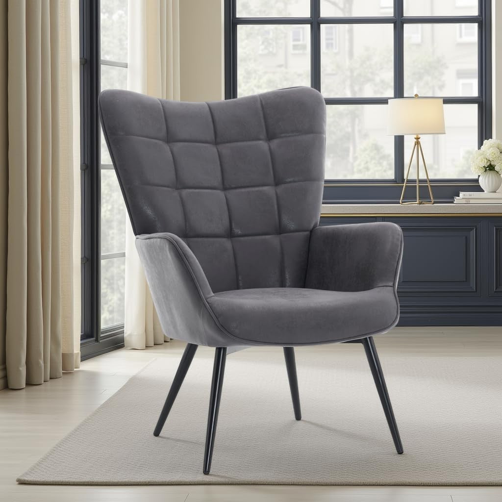 Grey Faux Leather Wingback Accent Chair Tufted Lounge Armchair