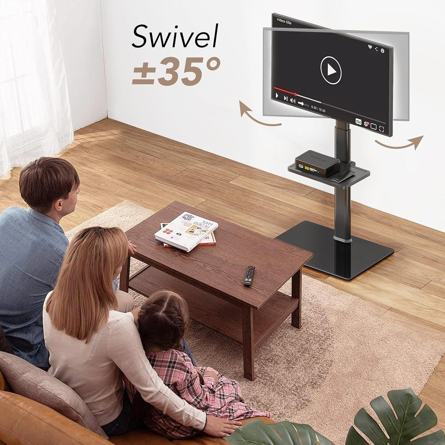Height Adjustable Floor TV Stand 27–65" with Shelf & 70° Swivel Mount - Black