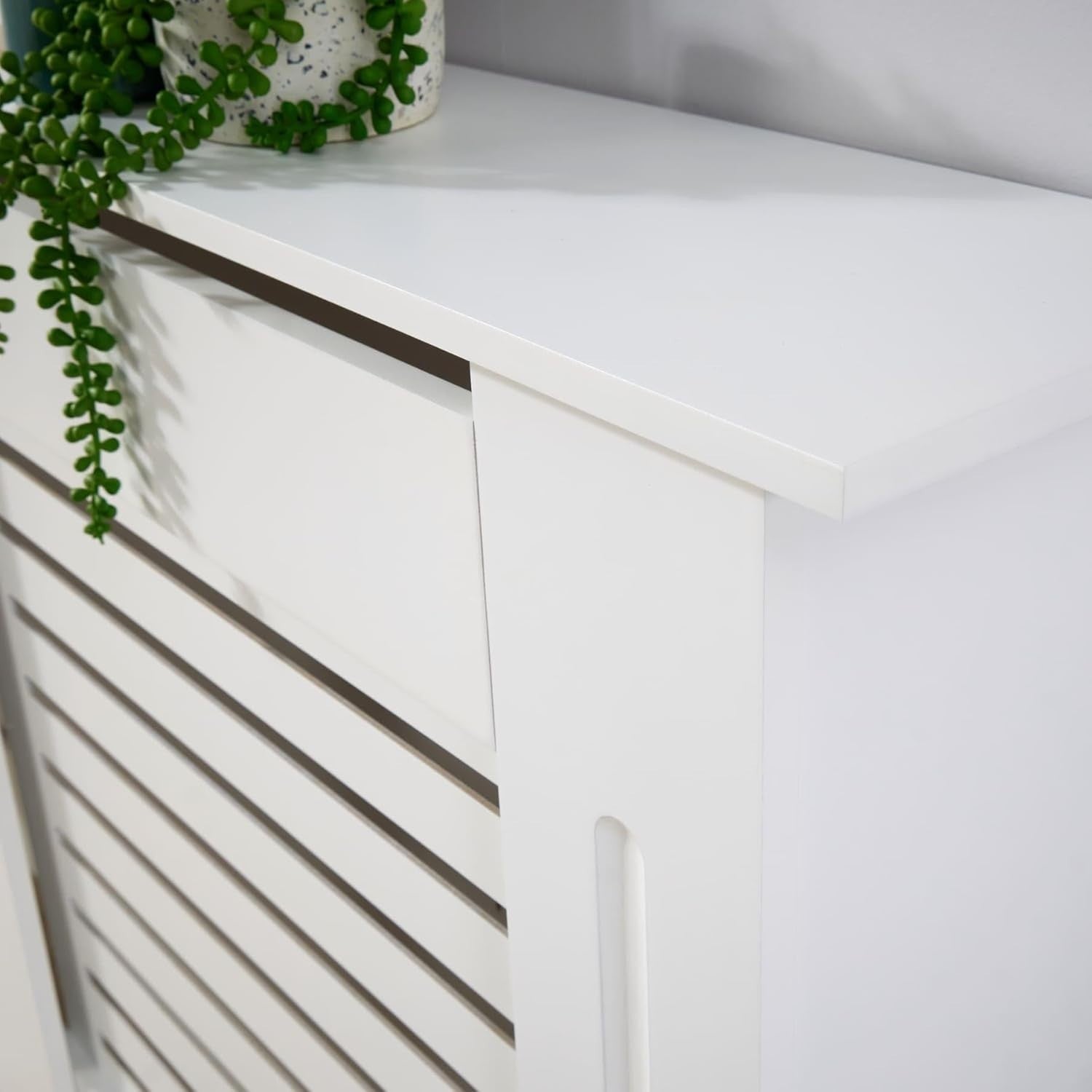 Adjustable White Radiator Cover Wooden Slatted Grill Cabinet 203x22x82cm