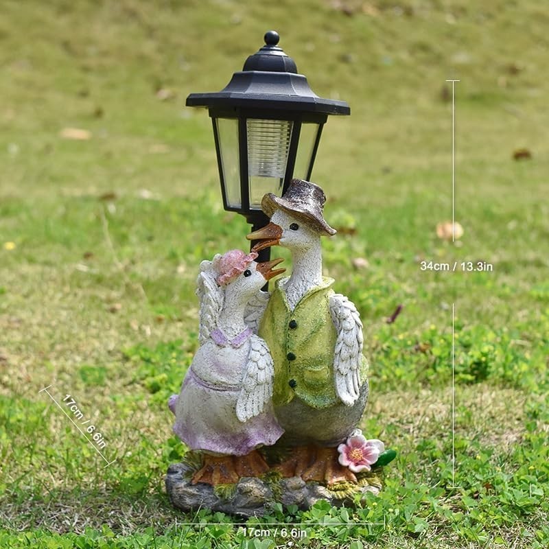 Solar Duck Couple Garden Ornament • Resin Outdoor Statue with LED Lantern Decor