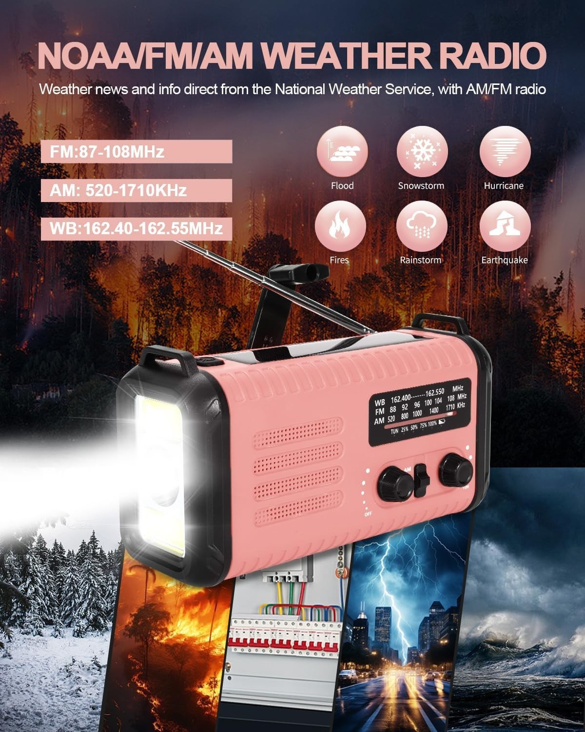 Wind Up Pink Solar Emergency Radio with 20000mAh Battery, AM/FM & Flashlight