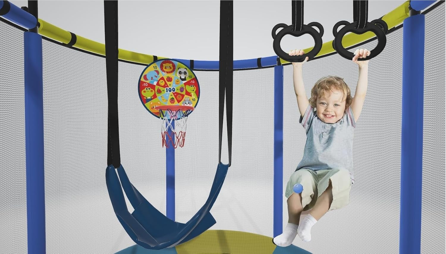 1.6M Kids Trampoline Indoor Outdoor Playset Basketball Rings Pull Bar