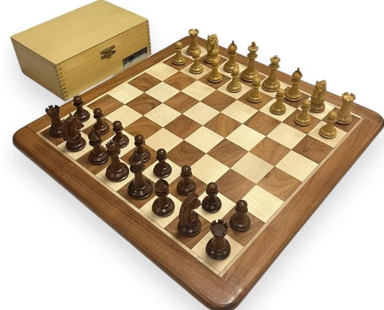 Luxury Acacia Wood Chess Set 3.75" King with Velvet Storage Box & Extra Queens