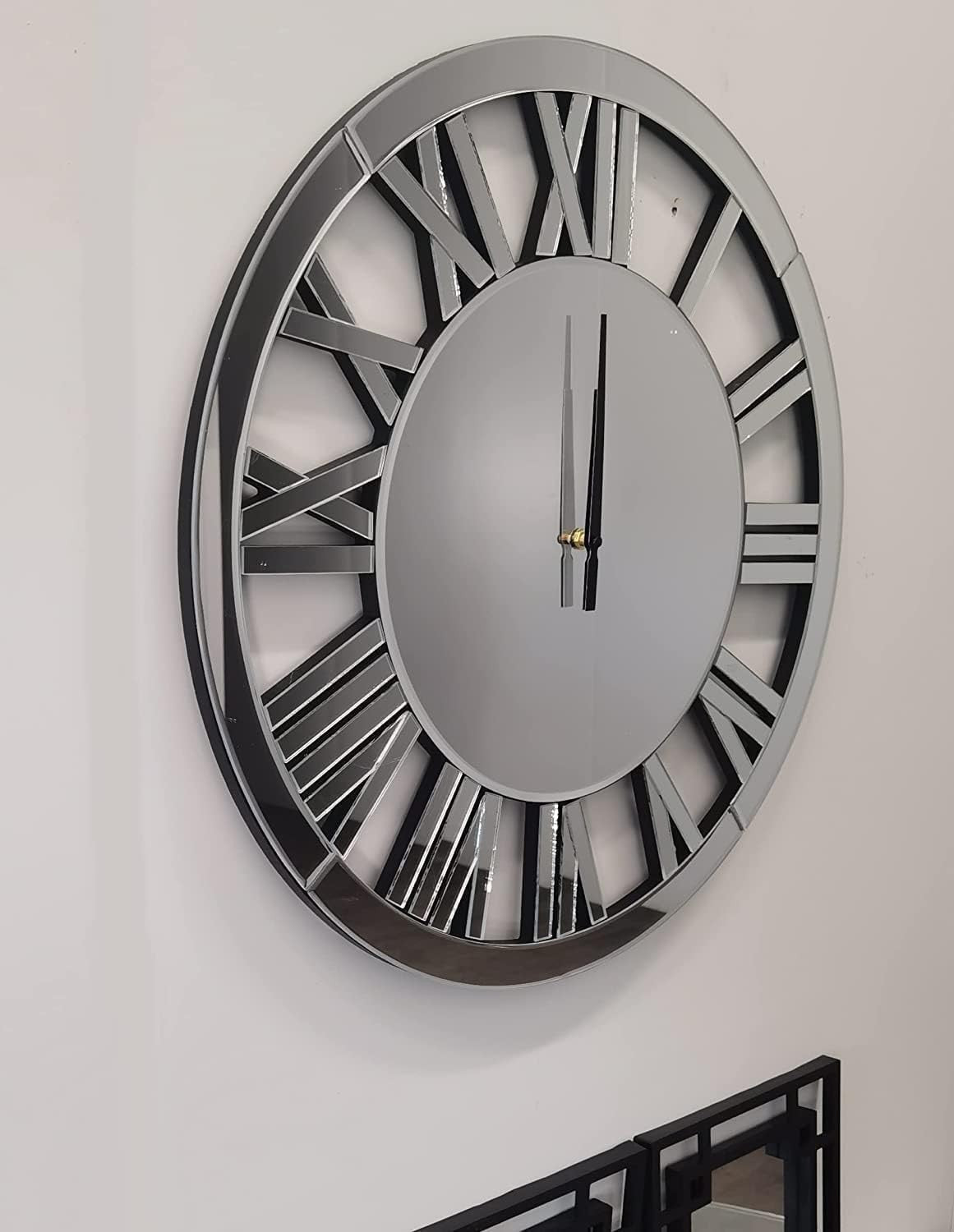 40cm Large Mirrored Wall Clock Modern Silver Roman Numeral Luxury Home Decor