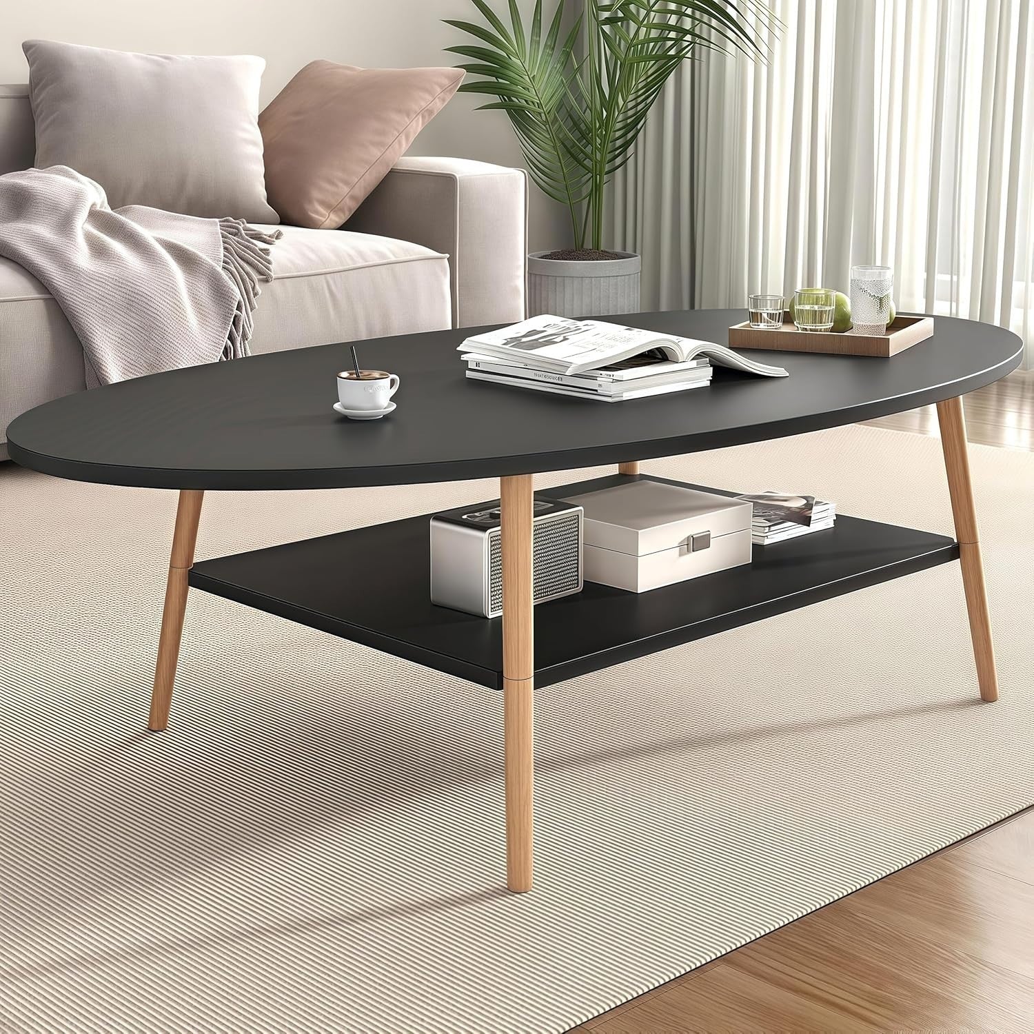Black 2-Tier Oval Coffee Table 120x60x42cm Modern Storage Wood Frame