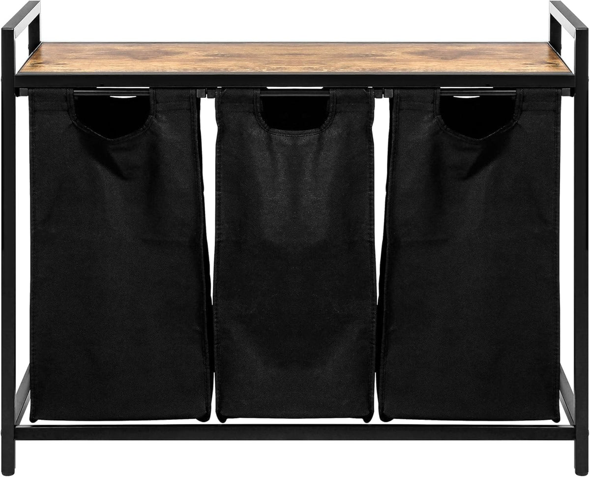 3 Compartment Rolling Laundry Sorter with Shelves Rustic Wood Metal Removable