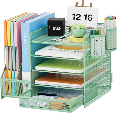 5-Tier Desk Organizer with Drawer & Pen Holders – Metal File Rack