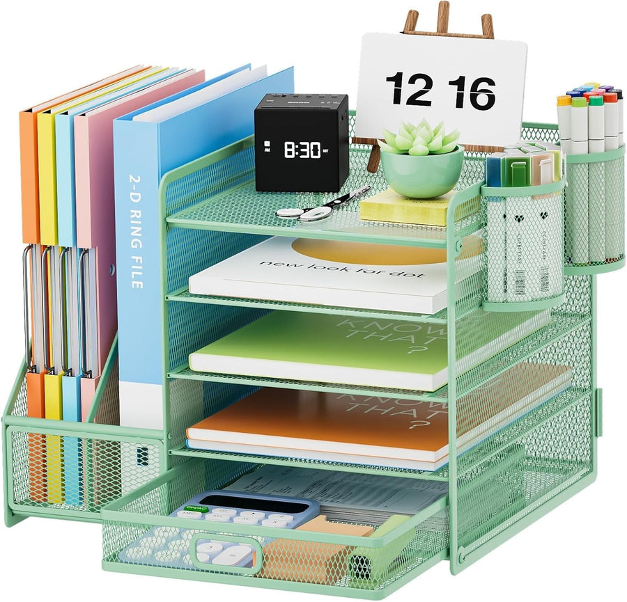 5-Tier Desk Organizer with Drawer & Pen Holders – Metal File Rack