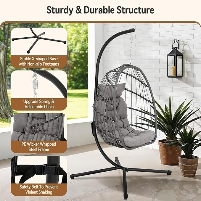 Hanging Egg Chair with Stand Rattan Swing Seat Cushion Indoor Outdoor Garden