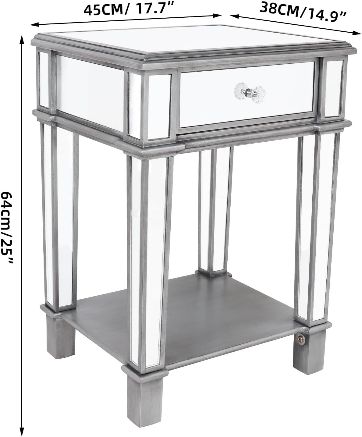 Silver Mirrored Bedside Table with Drawer & Shelf – Luxury Glass Nightstand