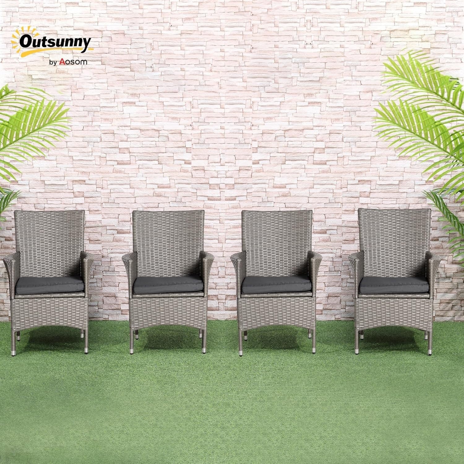 Set of 4 Rattan Garden Dining Chairs with Cushions High Back Patio Seating